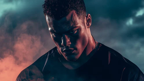 Stormlit athlete forging calm in a neon battle haze.