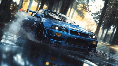 High-detail blue GT-R cornering through wet forest road at speed