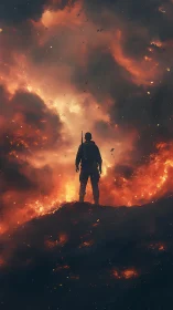 Solitary combatant silhouetted against eruptive firestorm sky.