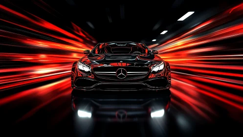 Front view of black sports car in red motion tunnel