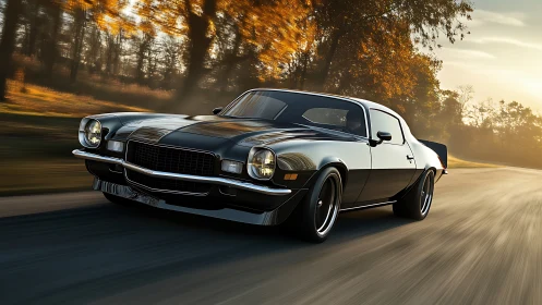 Black classic muscle car driving fast on autumn road.