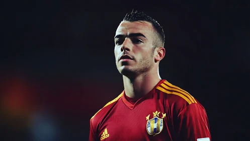 Focused footballer stands under stadium lights in deep shadow