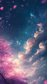 Cherry blossoms drift beneath a dreamy starlit sky