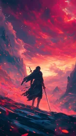 Lone cloaked swordsman stands beneath vivid red storm sky