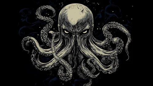 Symmetrical monochrome cephalopod horror rendered in high-detail linework