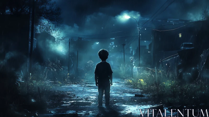 Lonely child stands in a rain-soaked, neon-lit night street.