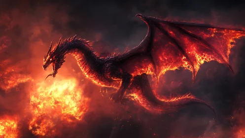 Fiery dragon silhouette emerging from dense burning clouds.