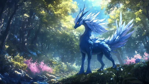 Majestic blue spirit stag stands guard in a glowing forest