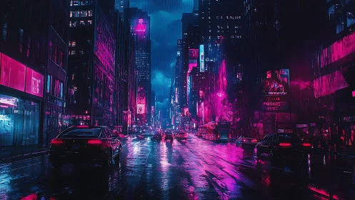 Neon-soaked futuristic city street with reflective rain surfaces.