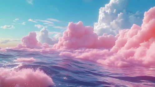 Iridescent lavender ocean under volumetric cotton candy clouds