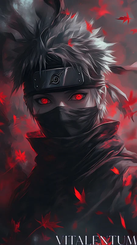 Masked ninja with glowing red eyes amid drifting scarlet leaves.
