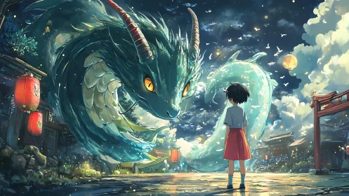 Girl confronts celestial water dragon in lantern-lit street