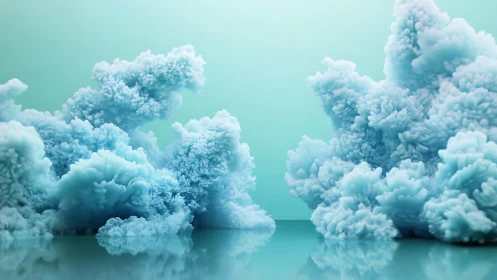 Soft cyan volumetric clouds form above reflective surface