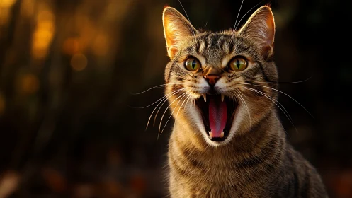 Tabby Cat with Bared Fangs and Piercing Amber Eyes.
