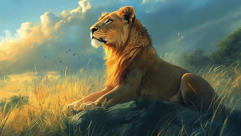 Golden savannah lion rests beneath luminous sunset sky.