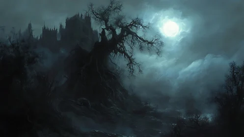 Haunted cliff castle under full moon over twisted dead tree.