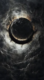 Eclipsed celestial core encircled by fractal storm wreath.