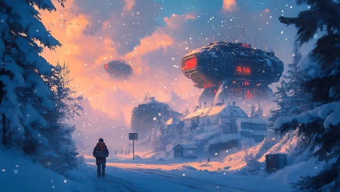 Snowbound traveler approaching glowing sci fi fortress.