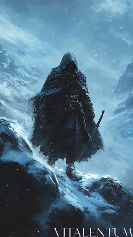 Hooded swordbearer on frozen cliff in nocturnal blizzard