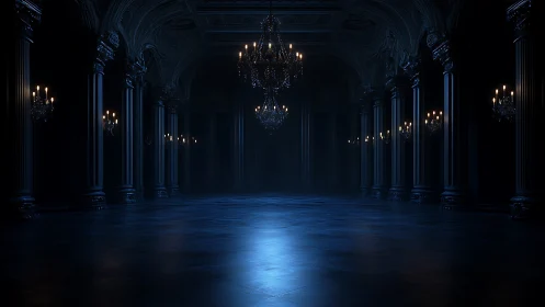 Grand baroque hall in moody blue chiaroscuro lighting.