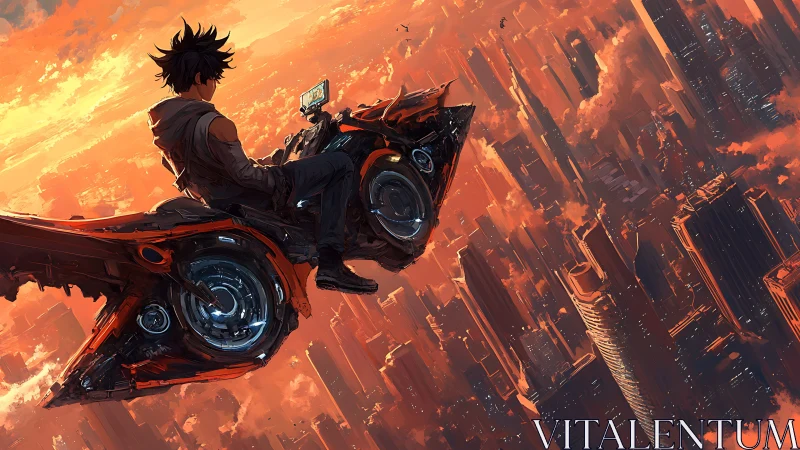 Skyline drifter on a neon glider above ember clouds.