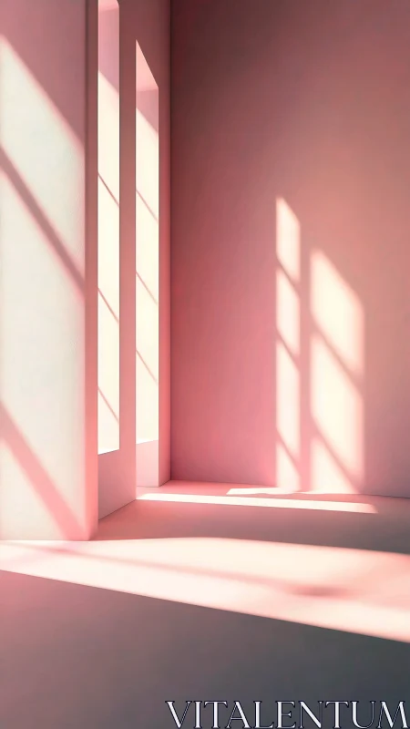 Soft pink room bathed in long geometric window shadows.