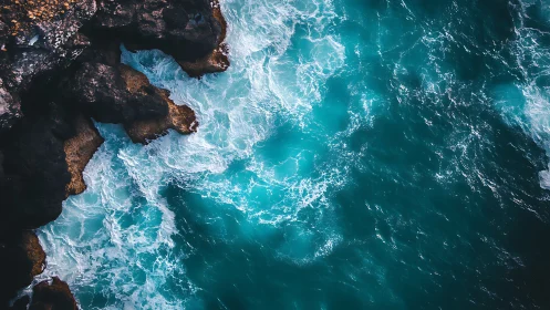 Wild turquoise waves dance and crash against rugged coastal cliffs