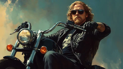 Bearded biker rides black motorcycle under warm evening sky