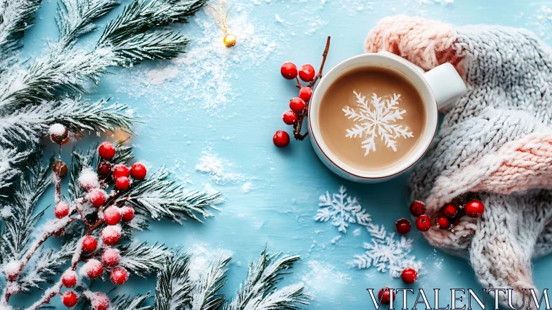Thermal cocoa interface amid frosted conifer array on blue plane.