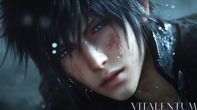 Wet haired anime boy with blue eyes and facial scratches.