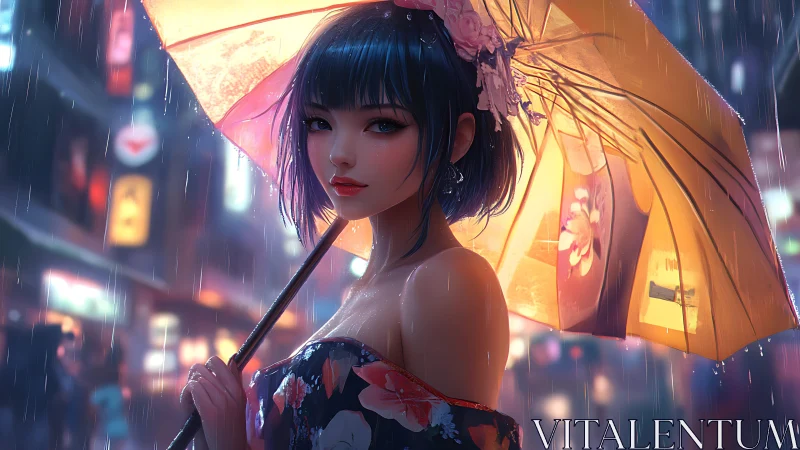 Neon city rain portrait with floral umbrella illumination.