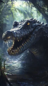 Predatory crocodile emerges from shadowed jungle river
