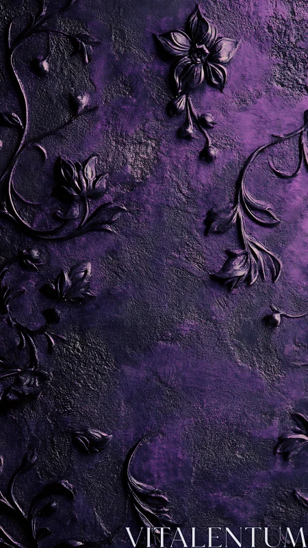 Embossed purple floral relief over textured dark plaster.