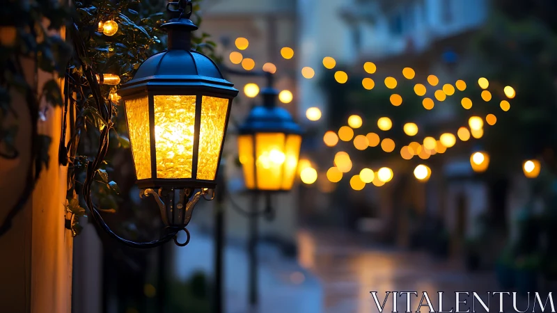 Warm wall-mounted lanterns with shallow depth of field bokeh.