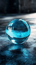 Translucent cyan glass sphere rests on wet reflective ground