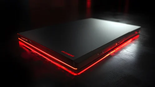 Closed gaming laptop shows red LED edge lighting on desk