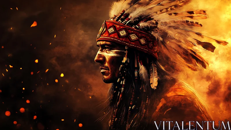 Warrior profile in feathered headdress amid embered smoke.