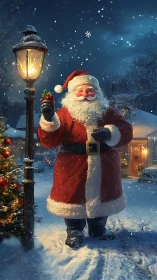 Santa figure stands beside lit streetlamp in snowy yard