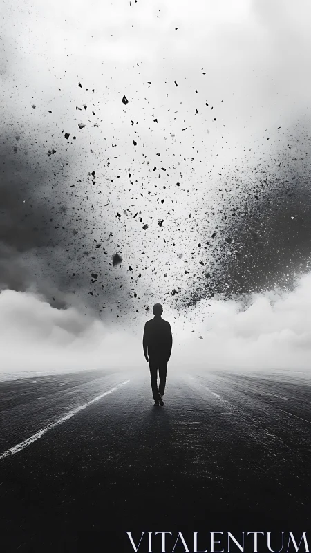 Solitary figure walks into exploding storm of fragments