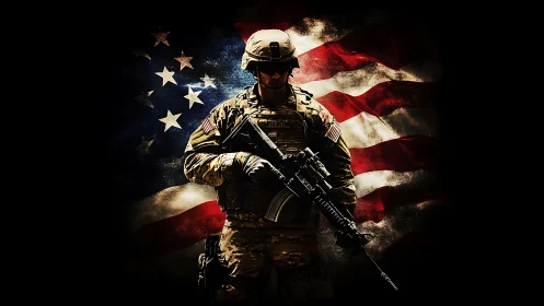 Shadowed modern soldier before a storm-worn American flag.