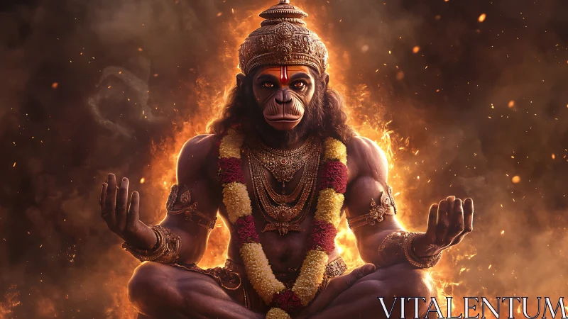 Fiery meditative deity in ornate garlands and armor.