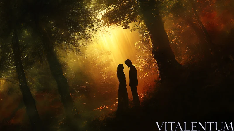 Golden Silhouette Encounter in Autumn Forest.