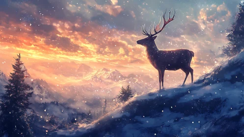 Stag standing on snowy ridge before distant mountain range.