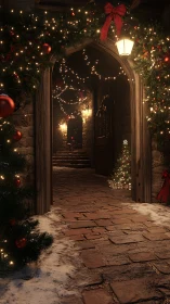Stone entry corridor with winter garlands and lights at night.