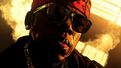 Digital portrait shows rapper in sunglasses and red bandana