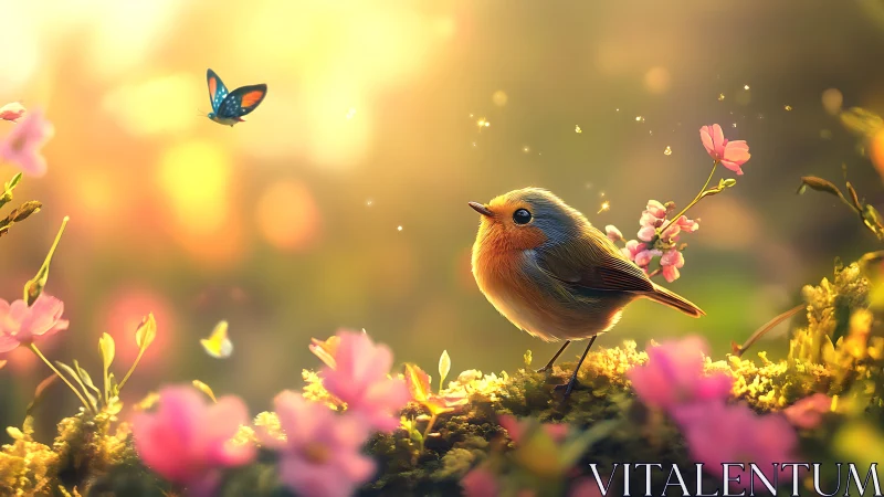 Sunlit robin and butterfly trading secrets in blossom haze.