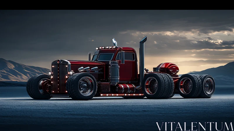 Low-slung custom semi truck with ultra-wide tires at dusk