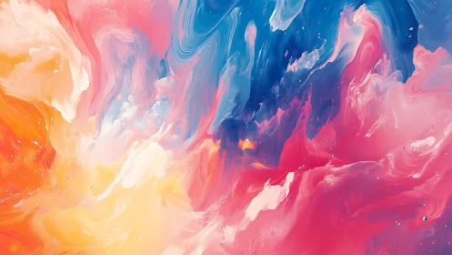 Multicolored abstract fluid clouds merge across the canvas