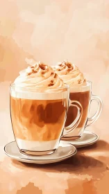 Illustrated glass mugs of latte with cream on neutral backdrop.