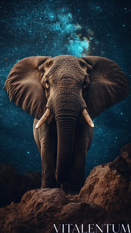 Majestic elephant stands beneath a glowing galactic sky.